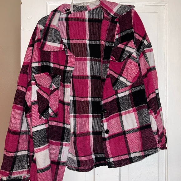 SHEIN Jackets & Blazers - SHEIN Pink and Black Plaid Shirt
